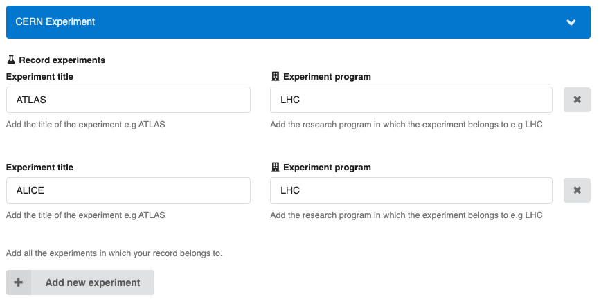 Experiments field upload form