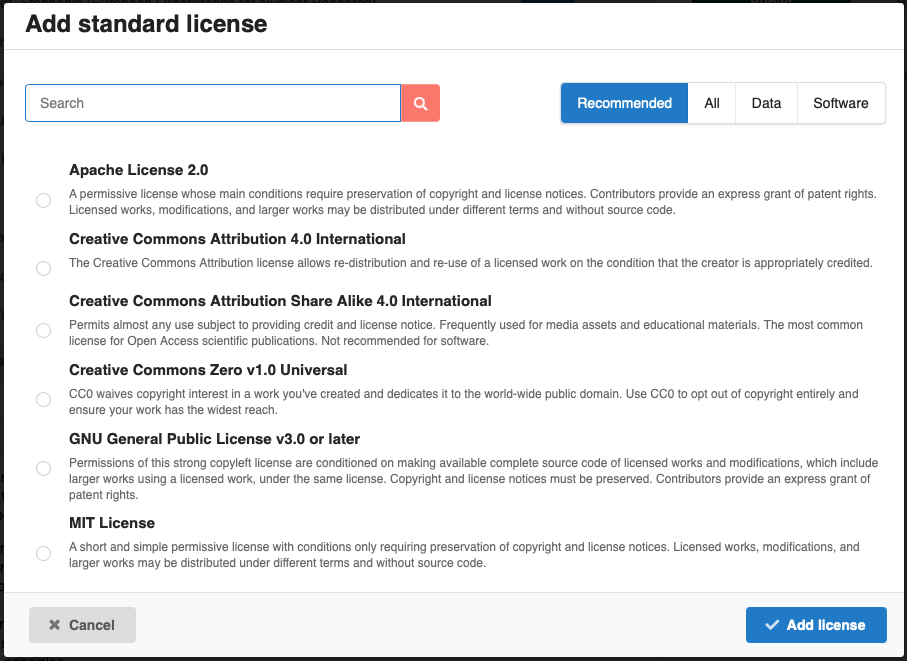 License selection dialog